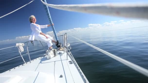 Senior Lady Sailing Fun — Stock Video