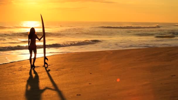 Jeune fille avec planche de surf au lever du soleil — Video