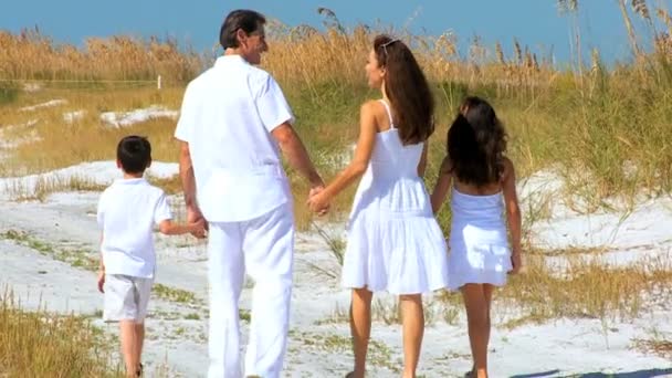 Familia disfrutando de caminar por la playa — Vídeos de Stock