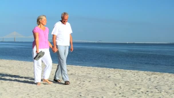 Seniores in affitto a piedi sulla spiaggia — Video Stock