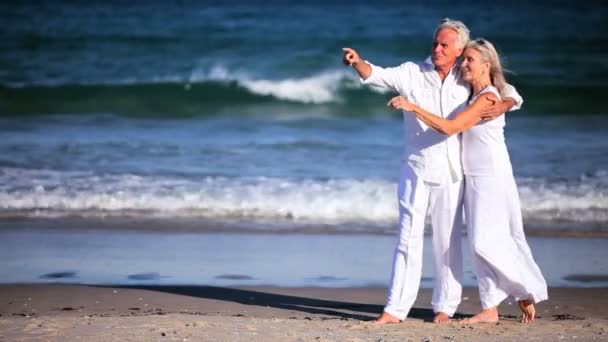 Couple plus âgé profitant du temps sur la plage — Video