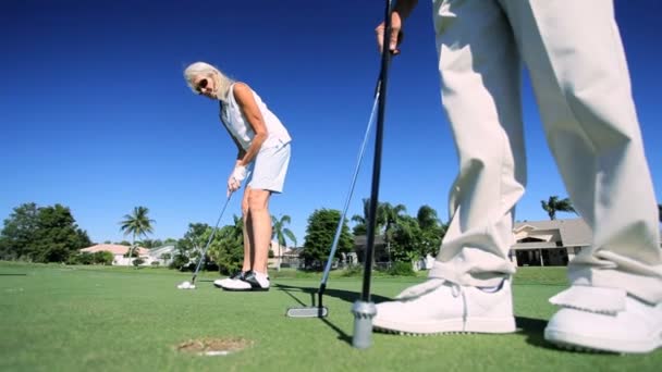 Senioren genieten van golf — Stockvideo