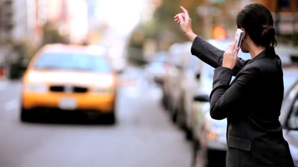 Jonge zakenvrouw meldplicht van een taxi — Stockvideo