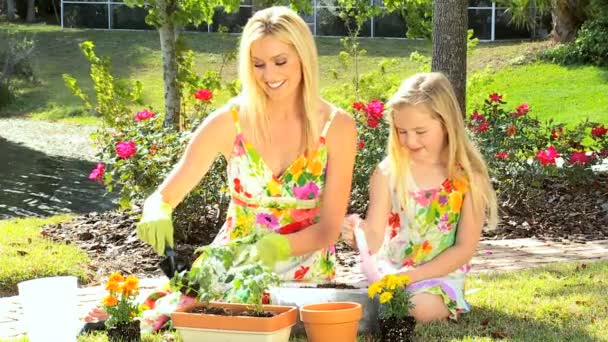 Blonde Mom & Daughter Gardening — Stock Video
