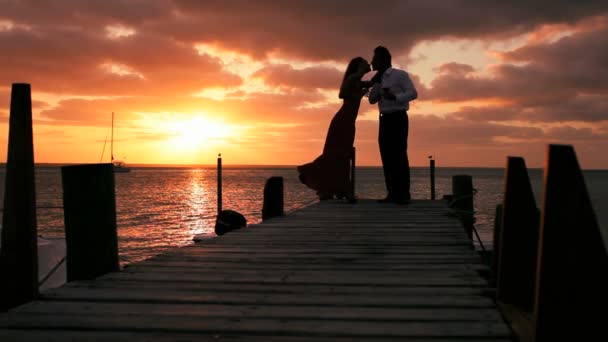 Elegantes Paar bei Sonnenuntergang mit einem Glas Wein — Stockvideo