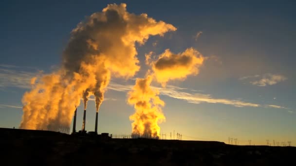 Power Station Chimneys Smoke at Sunrise — Stock Video