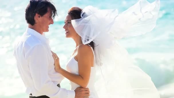 Couple heureux après mariage à la plage — Video