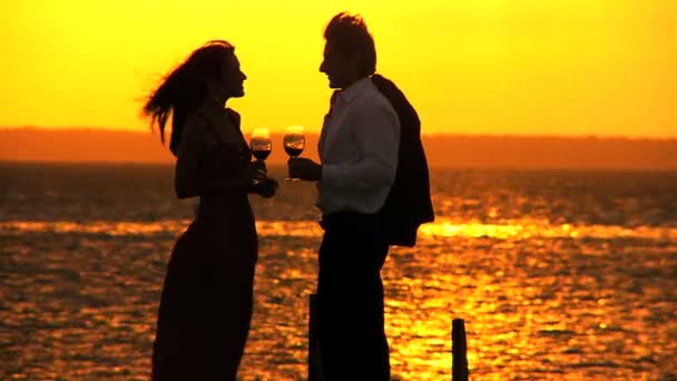 Pareja elegante al atardecer con una copa de vino — Vídeos de Stock