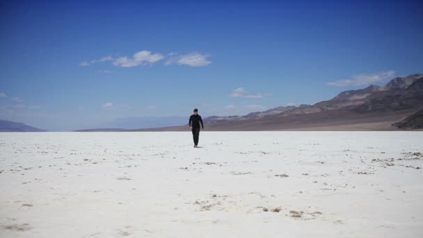 不毛の地の乾燥した塩の湖の上を歩く — ストック動画