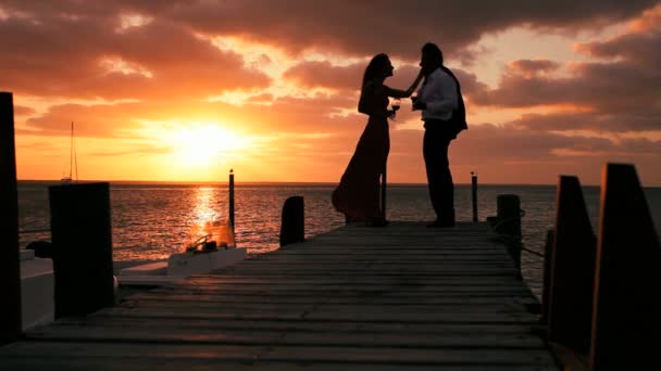 Pareja elegante al atardecer con una copa de vino — Vídeos de Stock