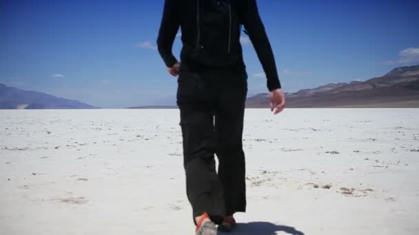 Figure Crossing a Dry Salt Lake — Stock Video