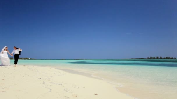 Coppia caucasica in abiti da sposa su una spiaggia — Video Stock