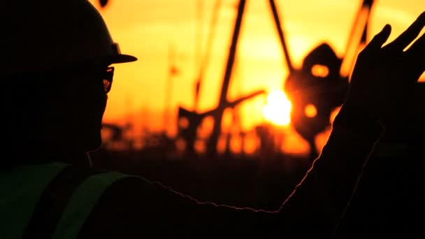 Silhouet van vrouwelijke ingenieur met Klembord met behulp van een mobiele telefoon toezicht op de site van ruwe olieproductie bij zonsondergang — Stockvideo