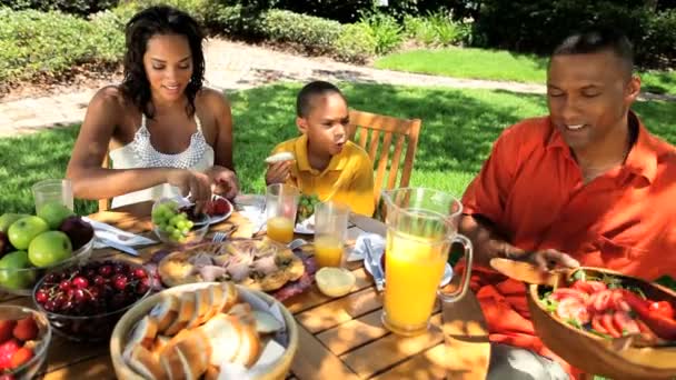 Νέος εθνοτικές γεύμα της οικογένειας υγιή — Αρχείο Βίντεο