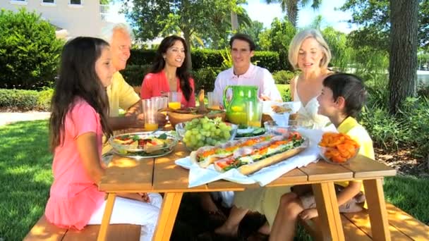Розширена сімейна група Обмін здоровий обід — стокове відео
