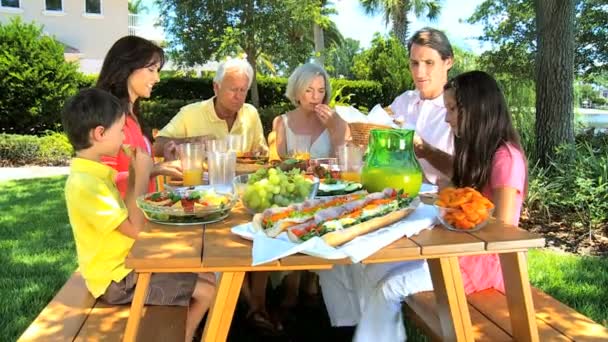 Generaciones familiares caucásicas comiendo al aire libre — Vídeo de stock