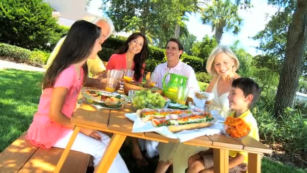 Abuelos y familia compartiendo almuerzo juntos — Vídeos de Stock