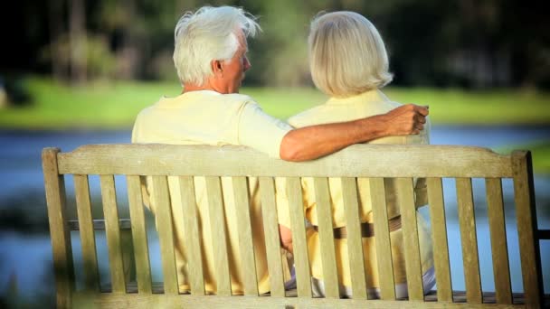 Lyckliga äldre par avkopplande på parkbänk — Stockvideo