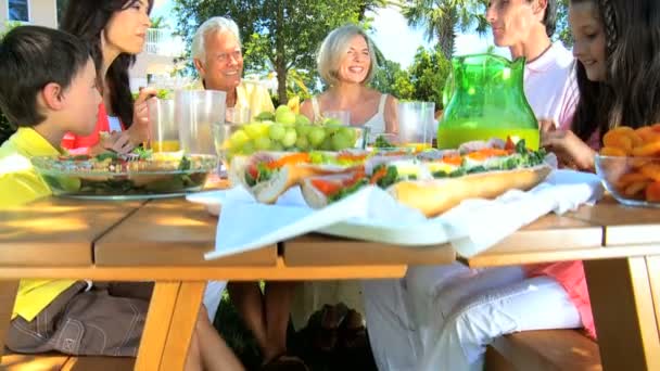 Tres generaciones compartiendo un almuerzo saludable — Vídeo de stock