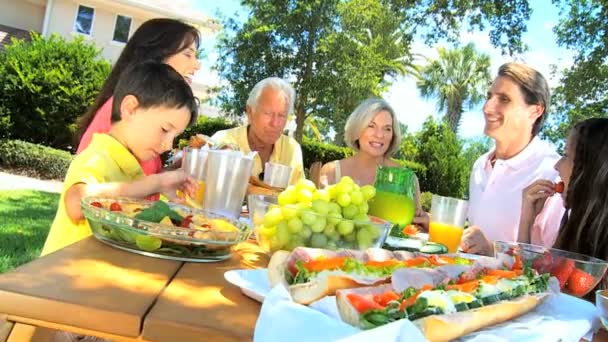 Aile nesillerin sağlıklı yemek paylaşımı — Stok video