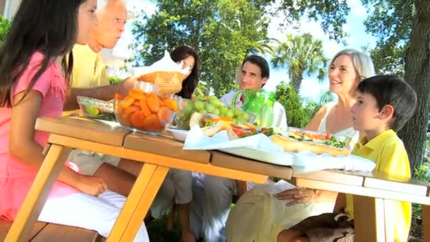 Großeltern & Familie teilen gemeinsames Mittagessen — Stockvideo