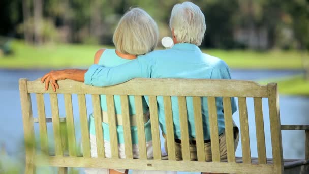 Heureux couple aîné se détendre sur le banc du parc — Video