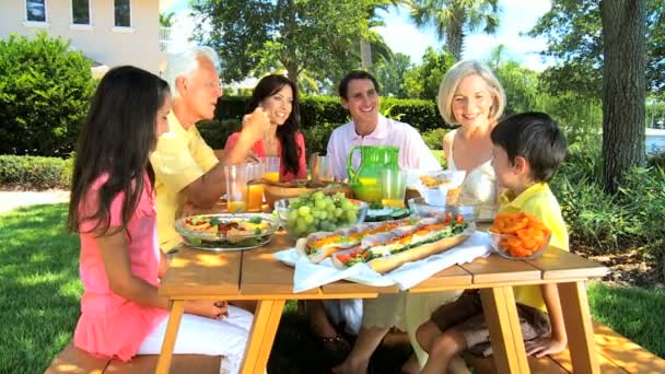 Familj generationer dela hälsosam lunch — Stockvideo