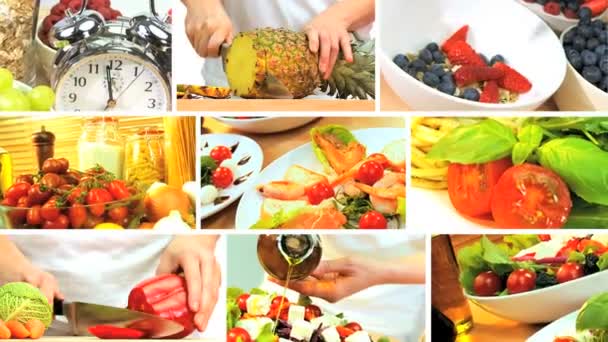 Montage van verse gezonde voedingskeuzes — Stockvideo
