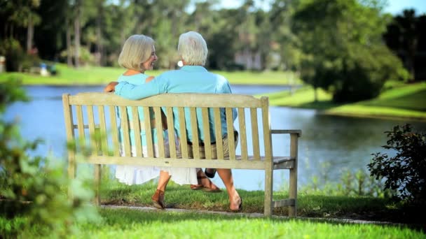 Pareja mayor en el banco del parque disfrutando de la vista — Vídeos de Stock