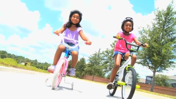 Little African American Girls on Bicycles — Stock Video