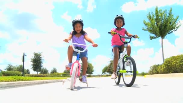 Cute Little African American Girls on Bicycles — Stock Video