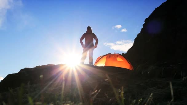 Hiker in Dawn Silhouette on Hiking Expedition — Stock Video