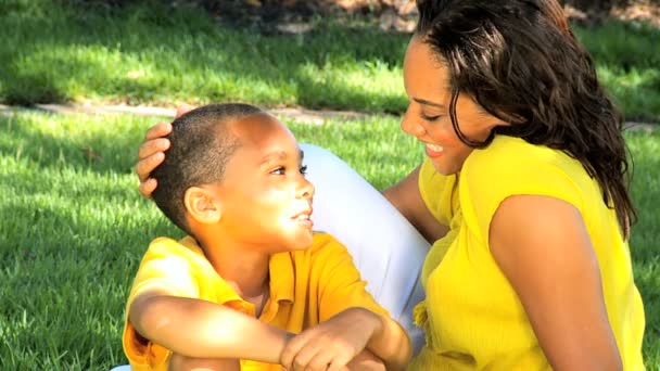 African American Mother & Son Together Outdoors — Stock Video