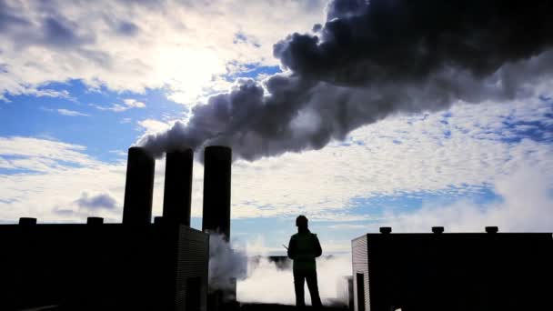 Silhouette einer Ingenieurin im Geothermie-Kraftwerk — Stockvideo