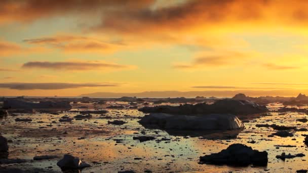 Pan van gouden zonsondergang over smelten ice floes — Stockvideo