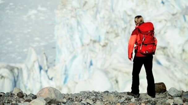 Einsame Wanderin in einer kargen, gefrorenen Landschaft — Stockvideo