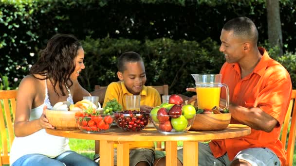 Almuerzo saludable de la familia étnica joven en el jardín — Vídeo de stock