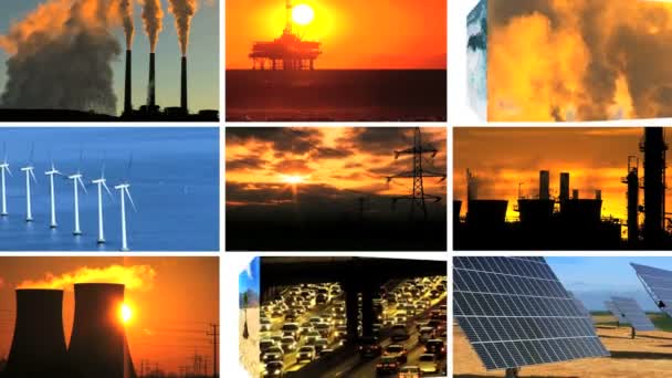 对比效应的清洁电力生产与化石燃料污染的蒙太奇 — 图库视频影像