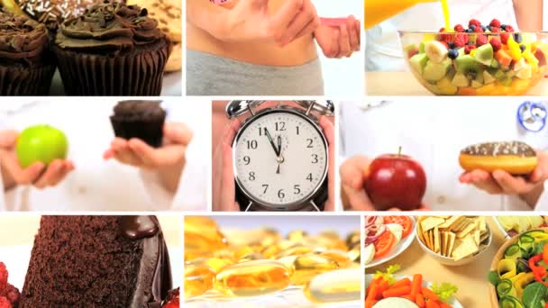 Montagem de escolhas entre alimentos saudáveis e não saudáveis — Vídeo de Stock