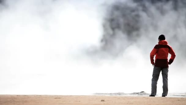 Female Watching Steam from Hot Volcanic Springs — Stock Video