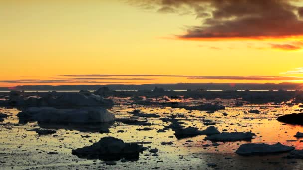 Pan van gouden zonsondergang over smelten ice floes — Stockvideo