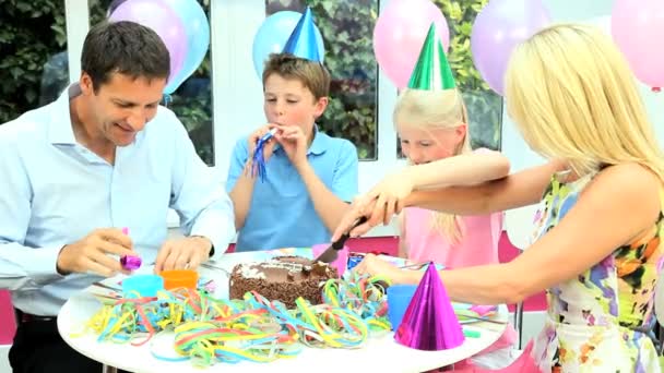 Attractive Caucasian Family Cutting Birthday Cake — Stock Video