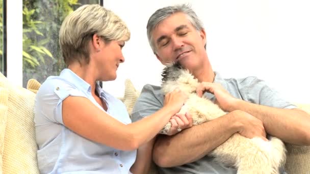 Reifes Paar zu Hause mit Hund — Stockvideo