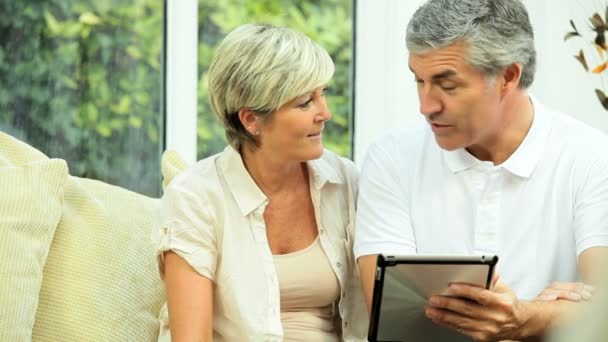 Зрелая пара довольна своим финансовым планированием — стоковое видео