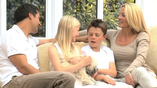 Joven familia caucásica con perro mascota — Vídeo de stock