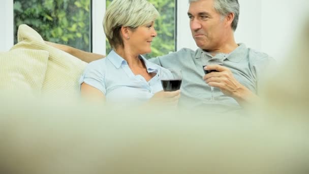 Middle Aged Caucasian Couple at Home Drinking Red Wine — Stock Video