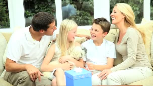 Kaukázusi fiú részesülő születésnapi ajándék — Stock videók