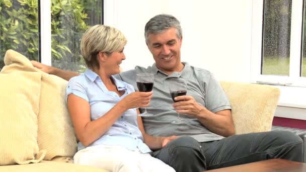 Ώριμο ζευγάρι στο σπίτι πόσιμο κόκκινο κρασί — Αρχείο Βίντεο