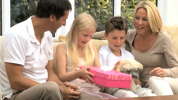 Маленькая блондинка получает подарок на день рождения — стоковое видео