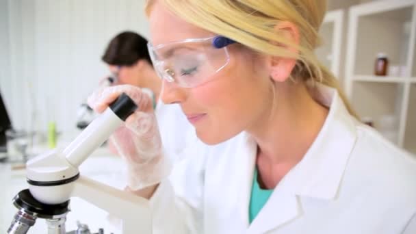 Vrouwelijke medische onderzoekers in lab — Stockvideo